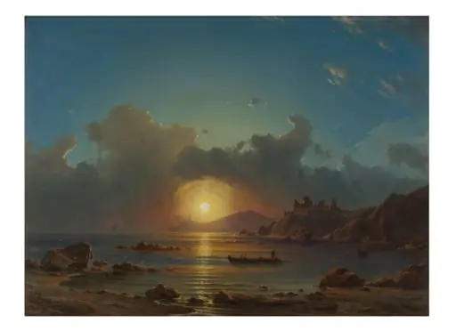 Sunset on a bay, with castle ruins, by Georg Emil Libert