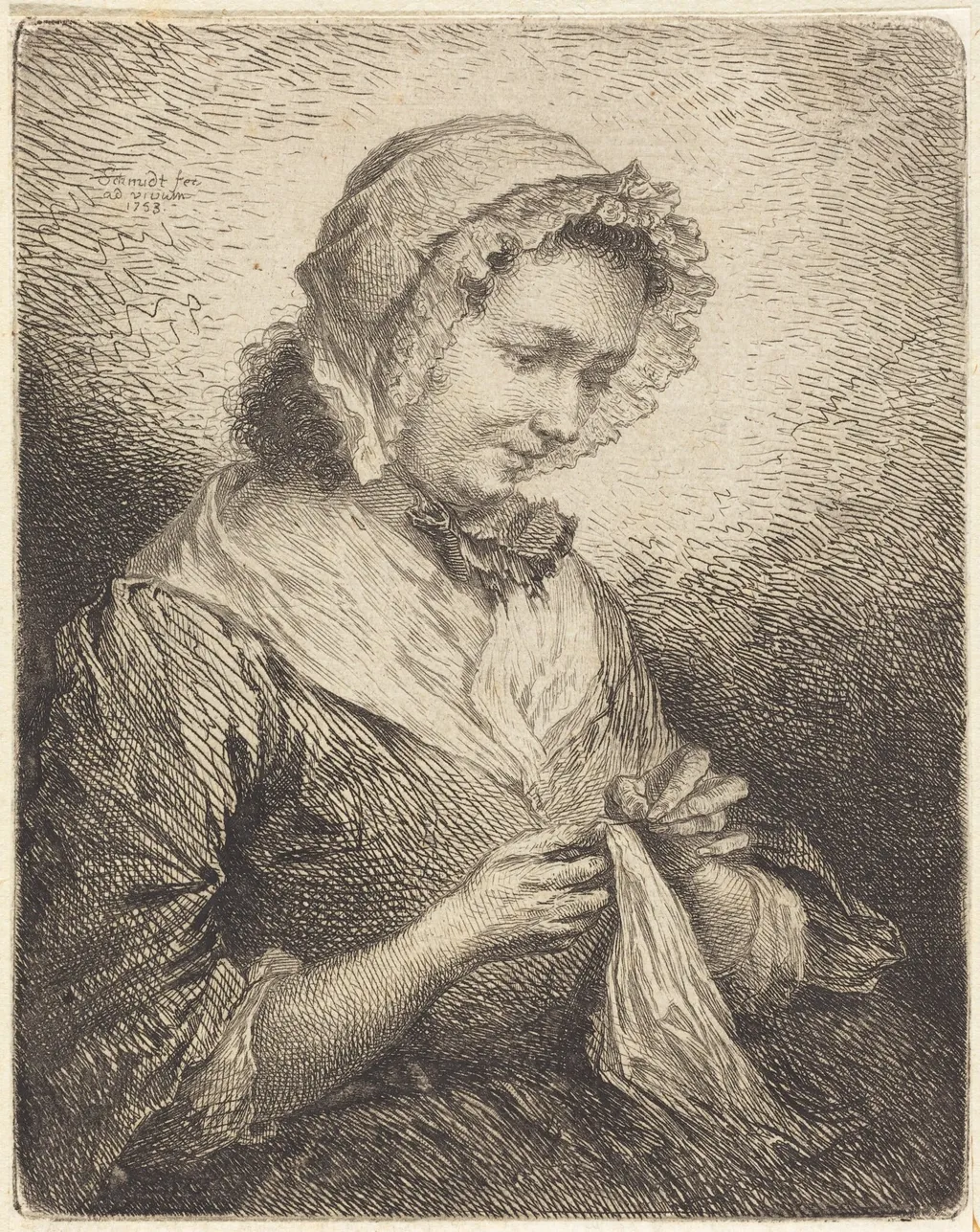The Artist's Wife Sewing, by Georg Friedrich Schmidt, ink, 1753
