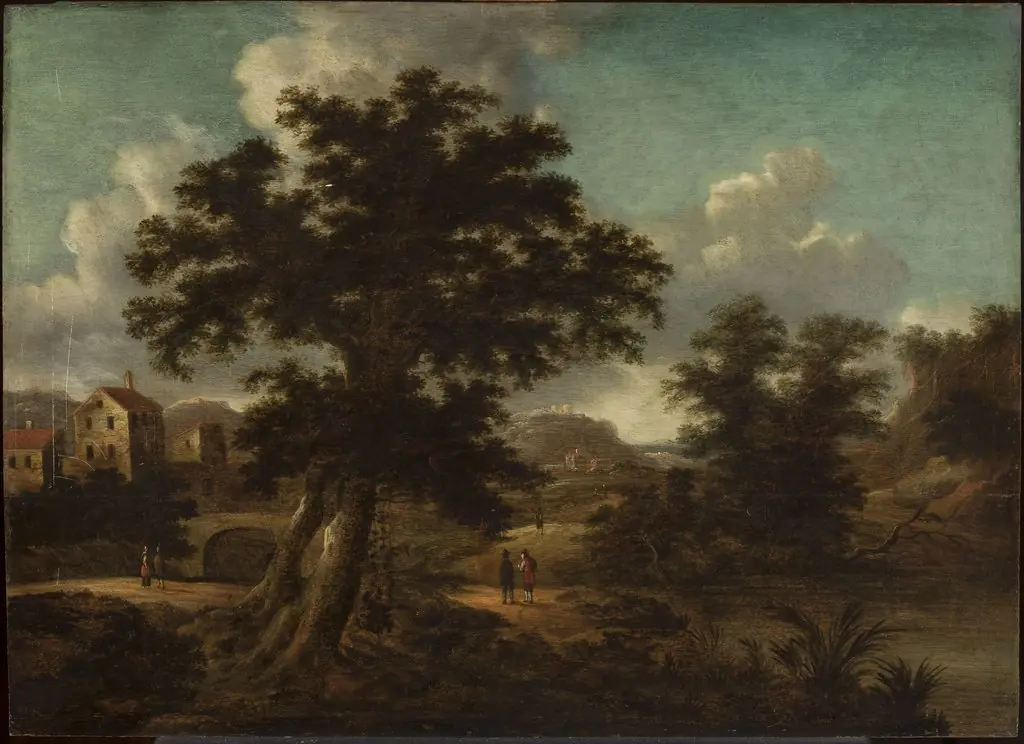 Landscape with a bridge, a large tree and travellers, by Georg Heinrich Hergenröder