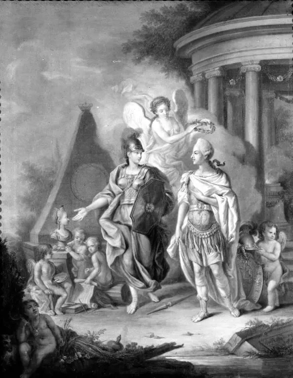 Christian VII som kunstens og videnskabens beskytter. Allegori, by Georg Mathias Fuchs, oil, 1770