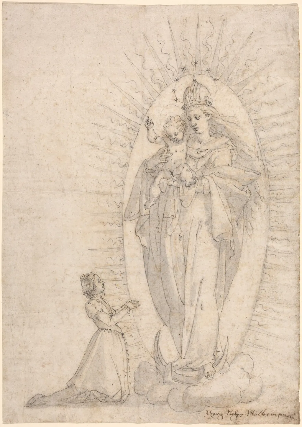 Madonna and Child Appearing to a Supplicant, by Georg Neher, ink, 1600