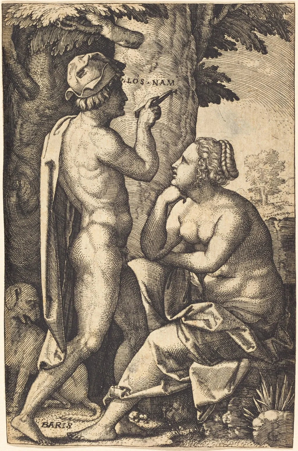 Paris Writing Words of Love to Oenone, by Georg Pencz, ink, 1525