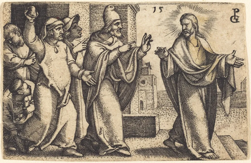 The Pharisees Wish to Stone Christ, by Georg Pencz, ink, 1525