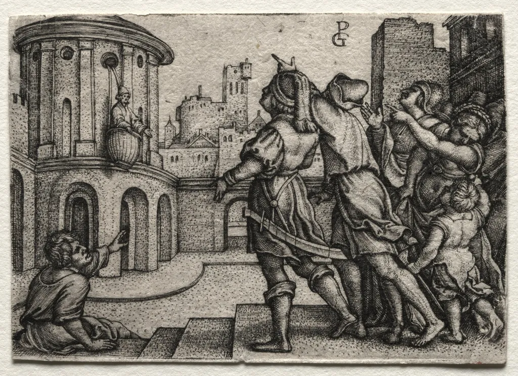 Virgil hanging in a Basket, by Georg Pencz, 1542