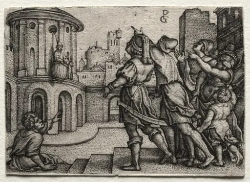 Virgil hanging in a Basket, by Georg Pencz