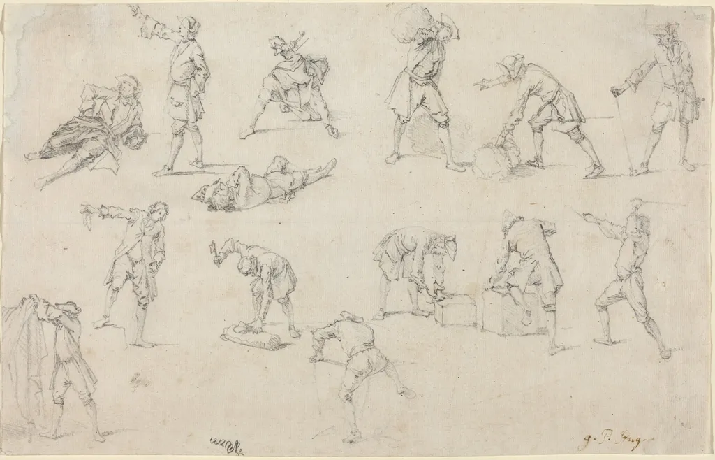 Studies of Soldiers in Camp, by Georg Philipp Rugendas, graphite, 1704