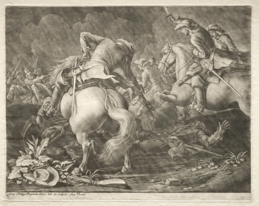 Skirmish between Prussian and Hungarian Hussars, by Georg Philipp Rugendas the Elder, 1714