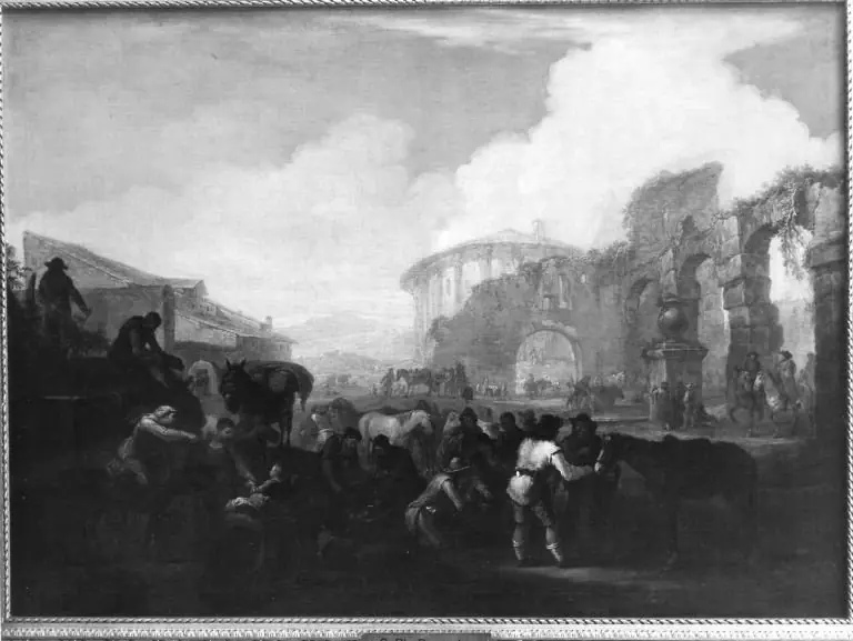 Travelers at a stopping place with ruins in the background, by Georg Philipp Rugendas the Elder
