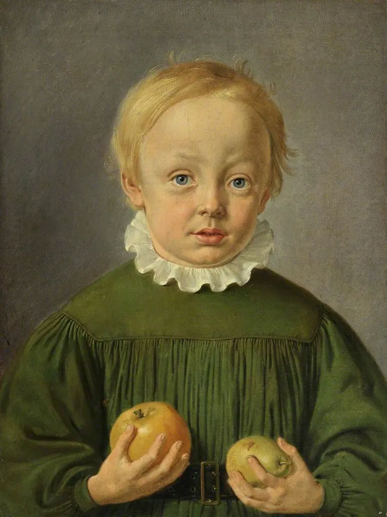 Boy holding an Apple and a Pear, by Georg Raedel