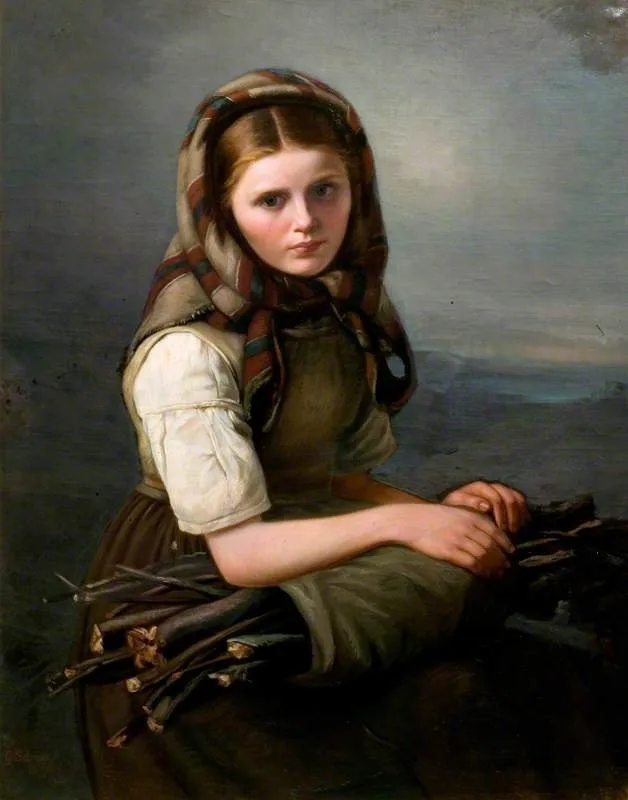 Girl Gathering Sticks, by Georg Schwer, oil, 1860