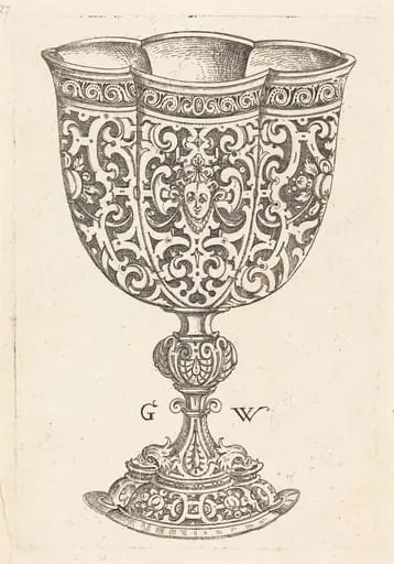 Chalice with six embossings, base decorated with two dolphins, by Georg Wechter I