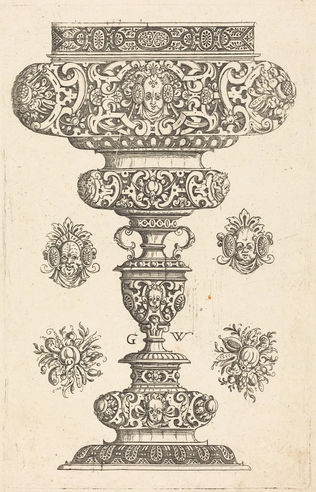 Goblet, rim decorated with masque and bouquet of fruit, by Georg Wechter I, ink, 1579