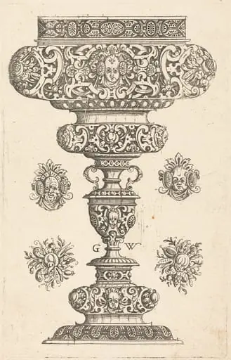 Goblet, rim decorated with masque and bouquet of fruit, by Georg Wechter I