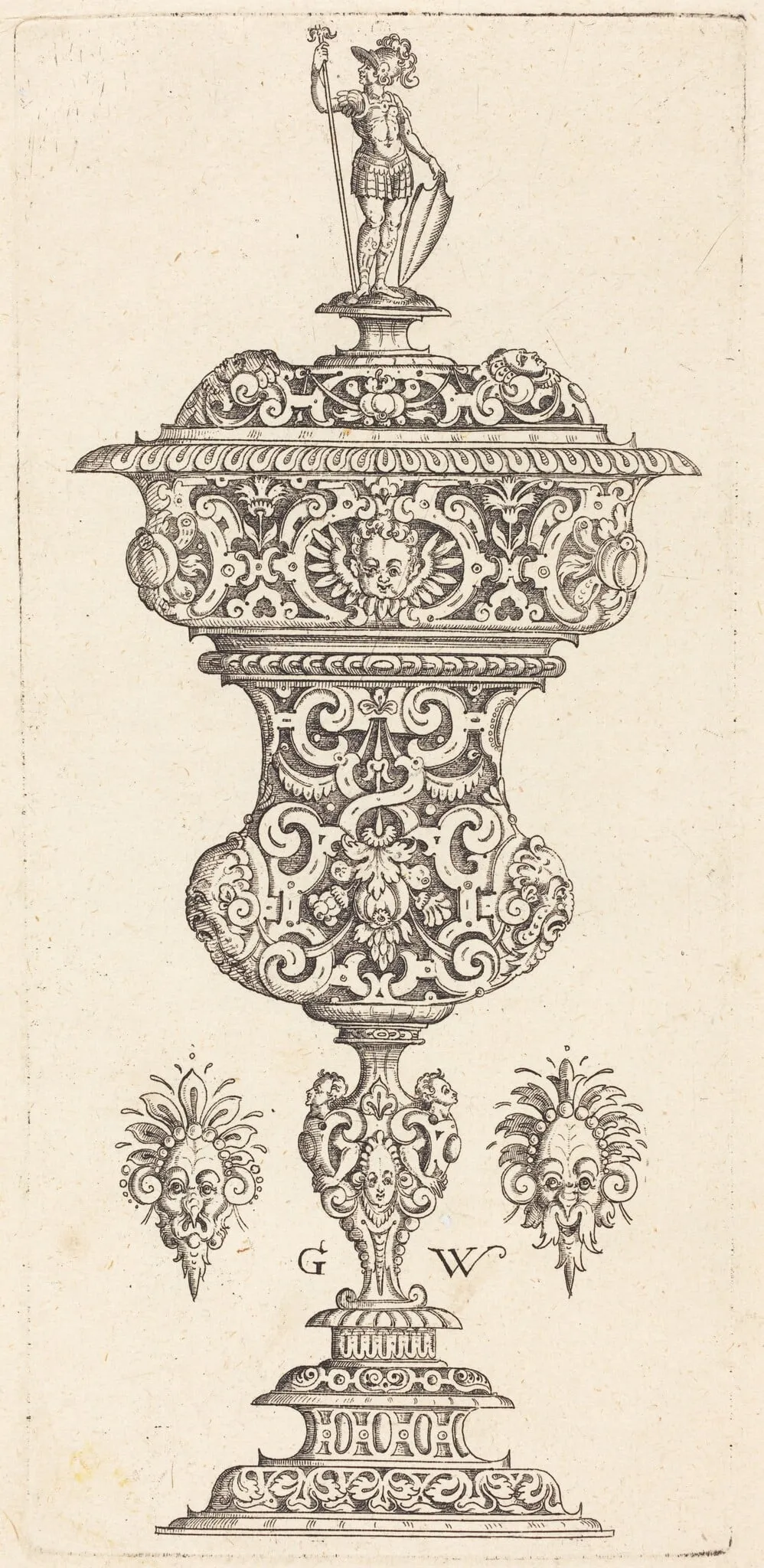Goblet with lid surmounted by a Roman soldier, by Georg Wechter I, ink, 1579