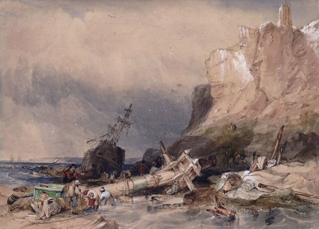 Tynemouth Castle, Northumberland, with wreck, by George Balmer, watercolor, 1836
