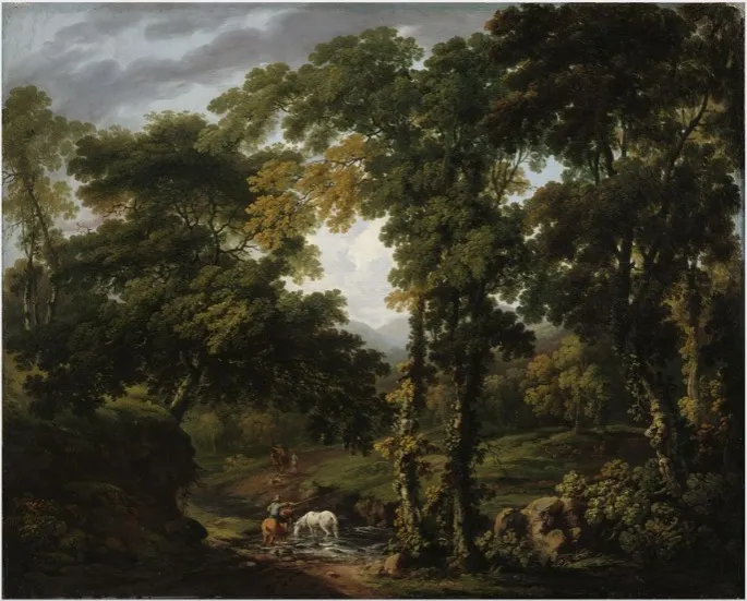 A Wooded River Landscape with Figures and Horses at a Ford and Fallow Deer in a Clearing, by George Barret, Sr., oil, 1775