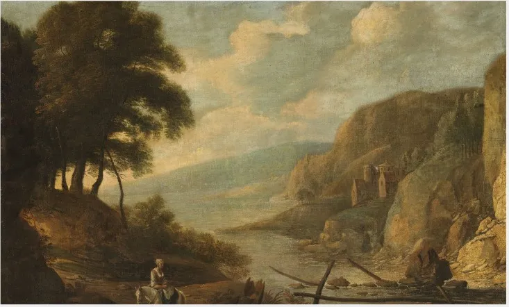 Cliffs and Sea with a Footbridge, by George Barret, Sr., oil, 1767