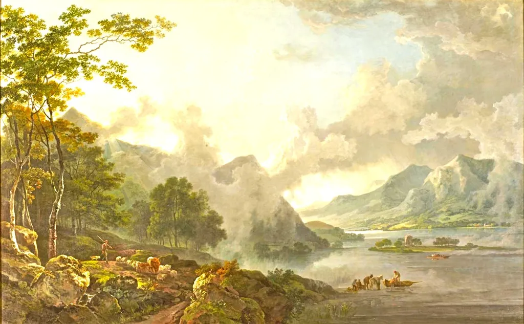 Lake Windermere with Belle Island, by George Barret, Sr., oil