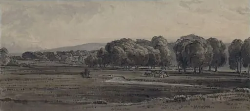 Landscape, with meadow and stream, by George Barret, Sr.