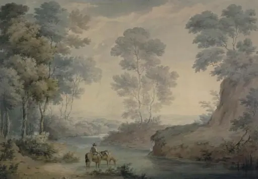 Landscape with river and horses watering, by George Barret, Sr.