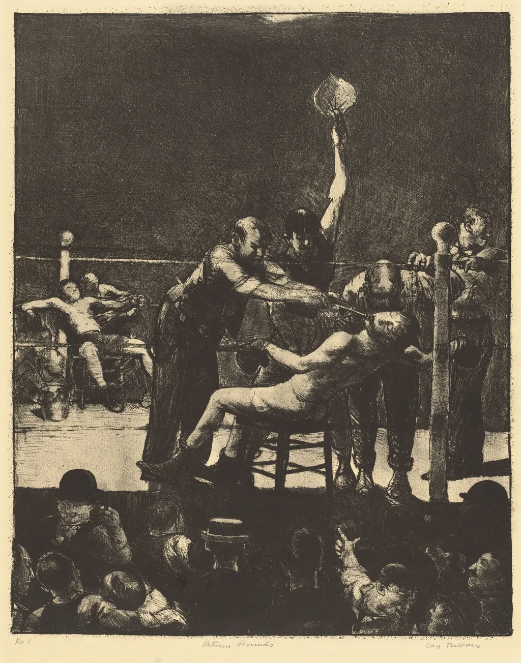Between Rounds, large, first stone, by George Bellows, ink, 1916