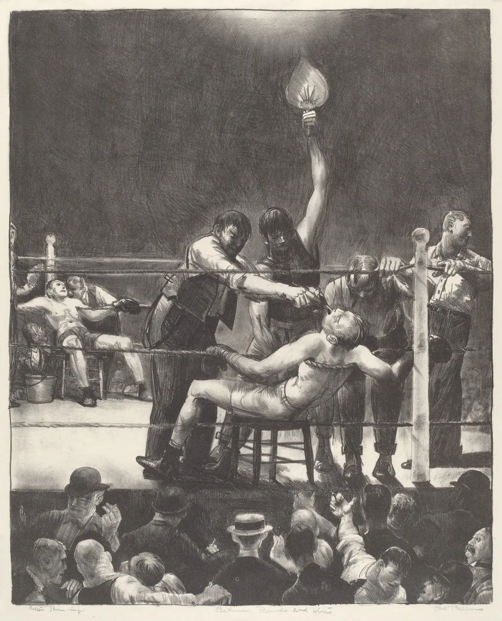 Between Rounds, small, second stone, by George Bellows, ink, 1923