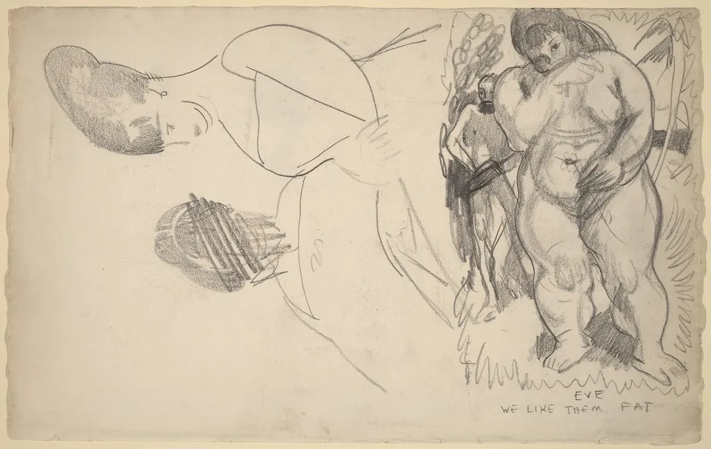 Caricature of Adam and Eve and Two Female Portrait Sketches, by George Bellows, graphite, 1904