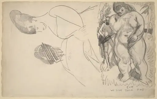 Caricature of Adam and Eve and Two Female Portrait Sketches, by George Bellows