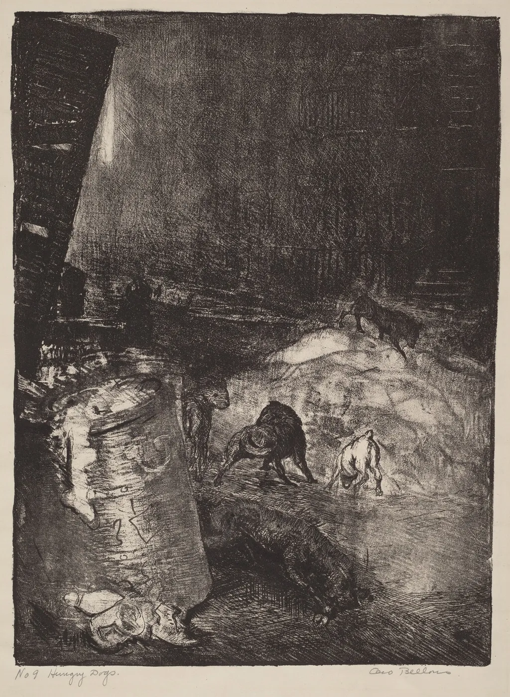 Hungry Dogs, second stone, by George Bellows, ink, 1916