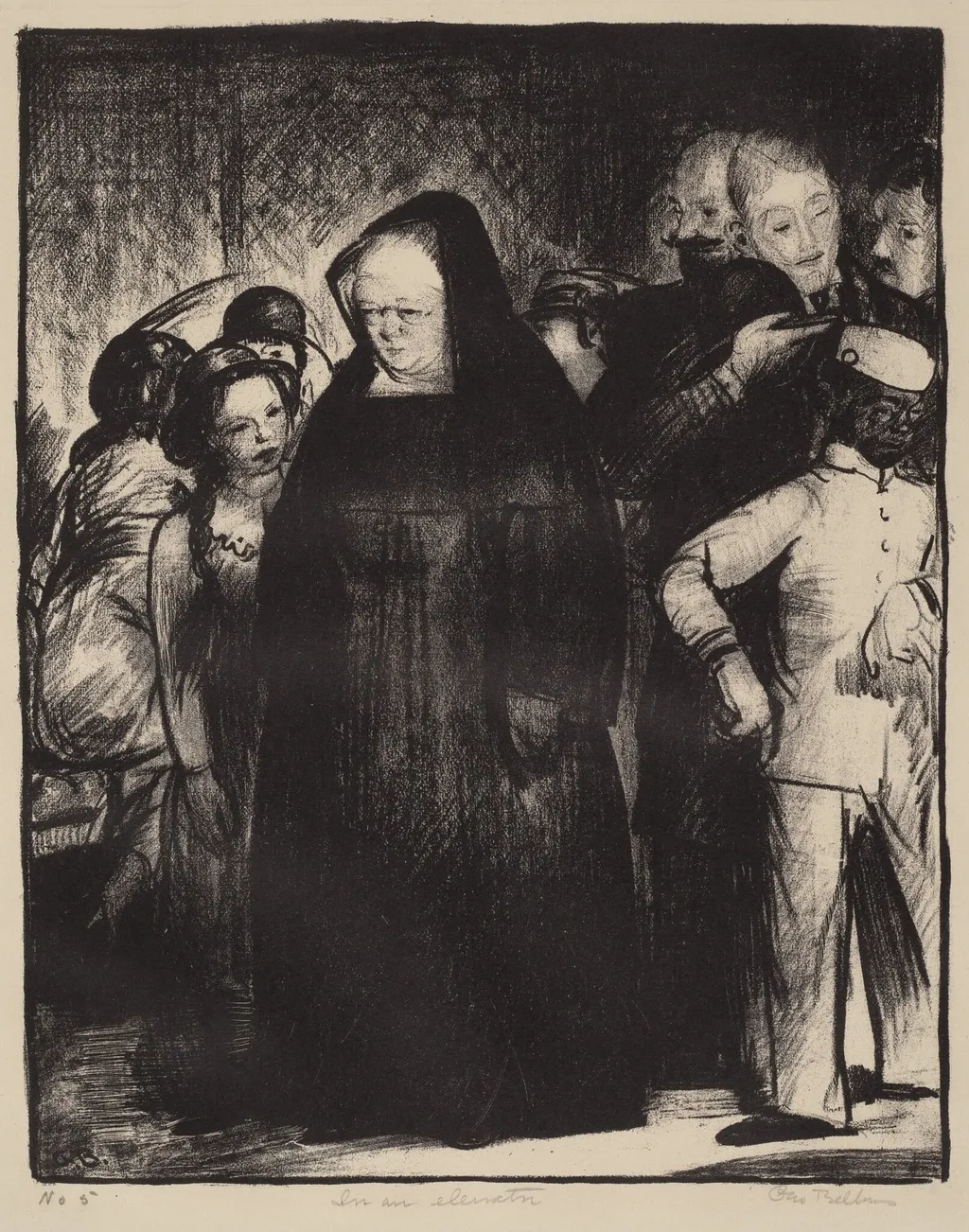 In an Elevator, by George Bellows, ink, 1916