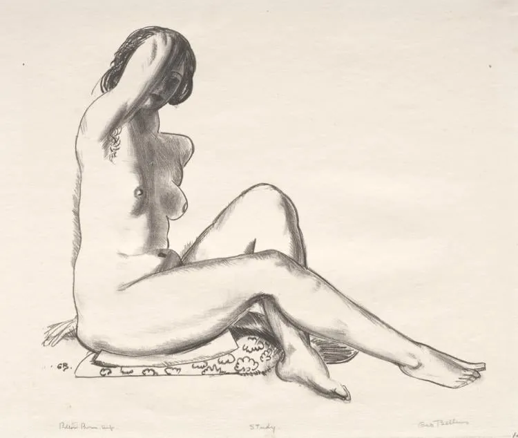 Nude Study, Girl Sitting on a Flowered Cushion, by George Bellows, 1924