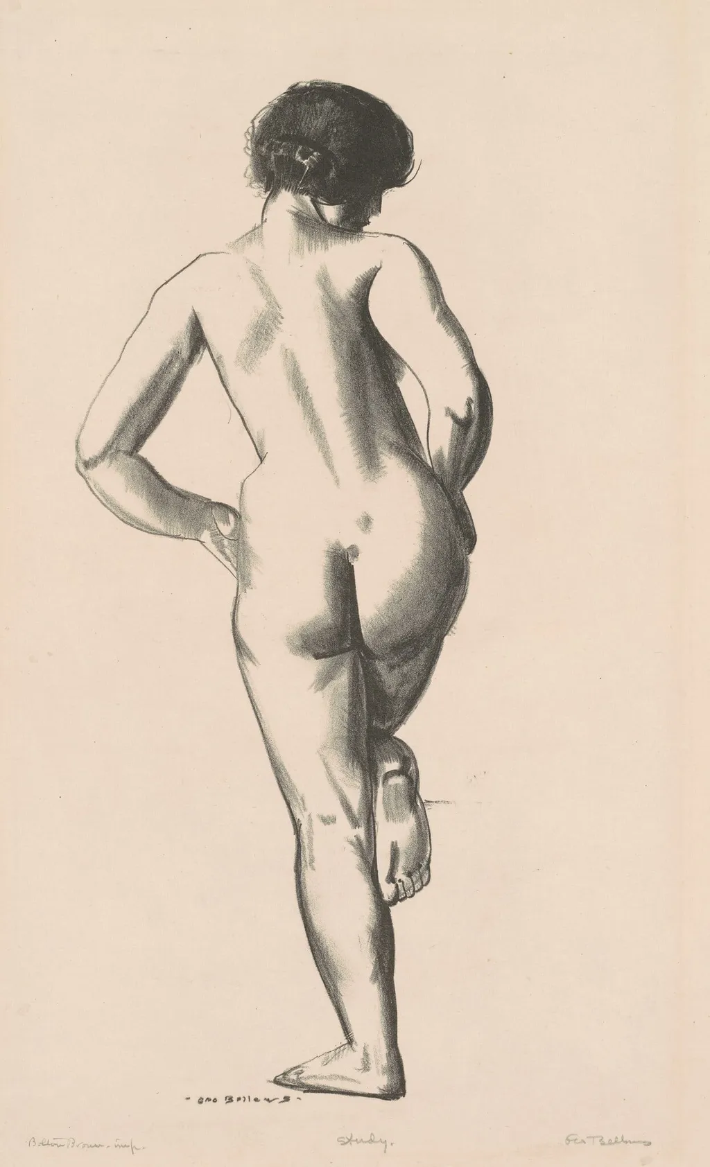 Nude Study, Girl Standing on One Foot, by George Bellows, ink, 1924