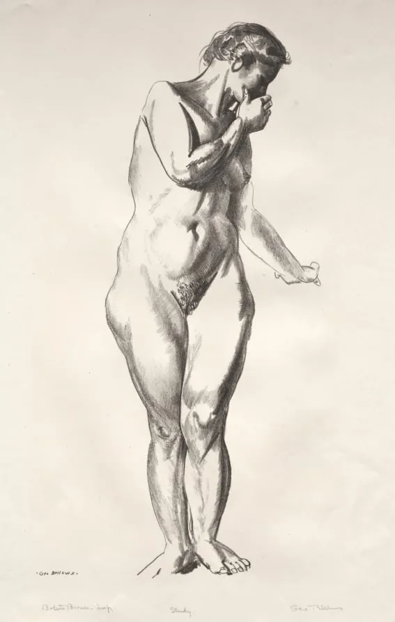 Nude Study, Girl Standing with Hand Raised to Mouth, by George Bellows, 1924