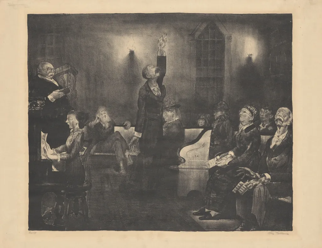 Prayer Meeting, second stone, by George Bellows, ink, 1916