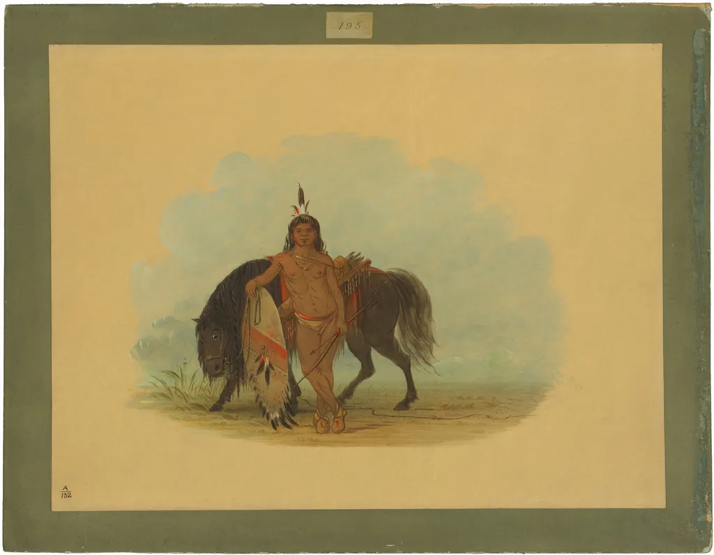 A Cheyenne Warrior Resting His Horse, by George Catlin, oil, 1865