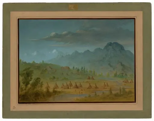 A Crow Village and the Salmon River Mountains, by George Catlin