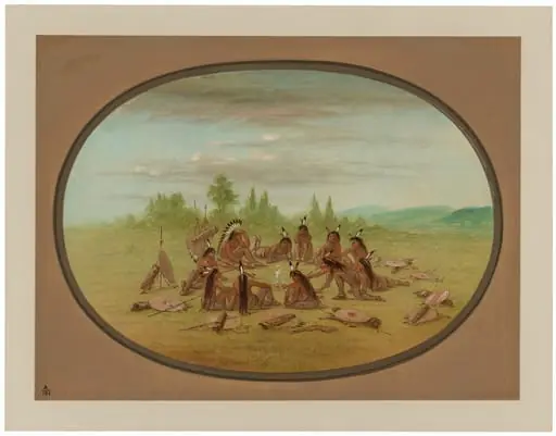 A Foot War Party in Council - Mandan, by George Catlin