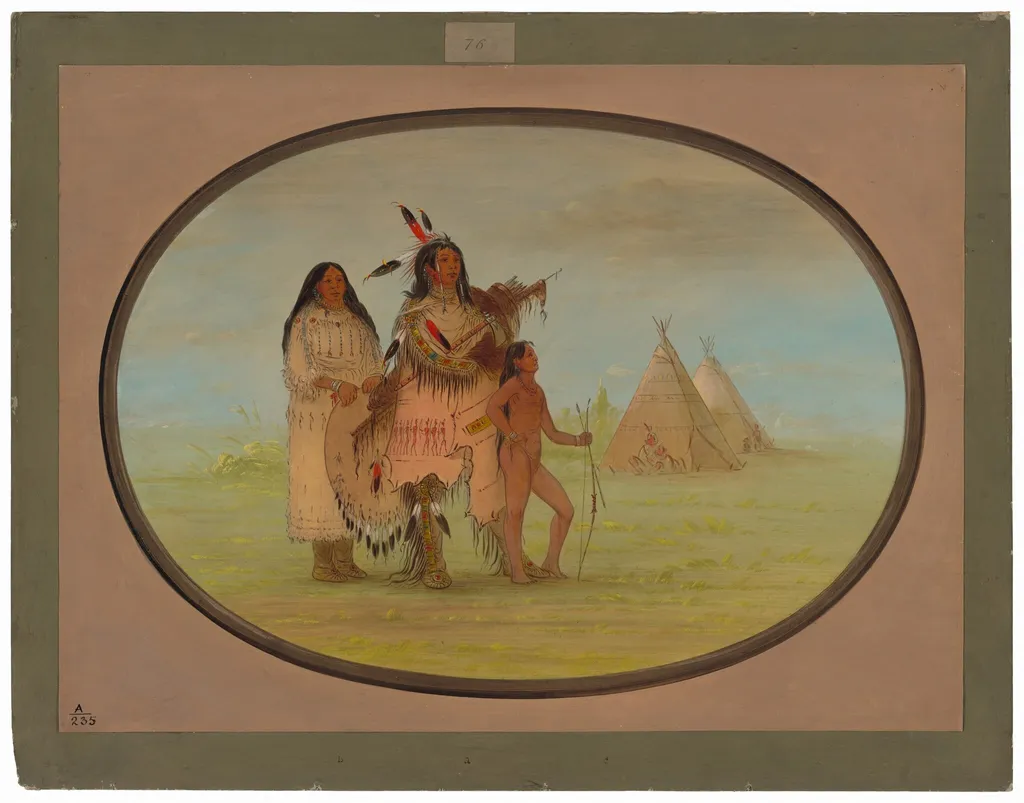 A K'nisteneux Warrior and Family, by George Catlin, oil, 1865