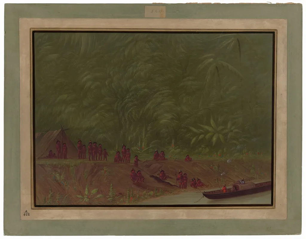 A Mura Encampment - Boat Sketch, by George Catlin, oil, 1862