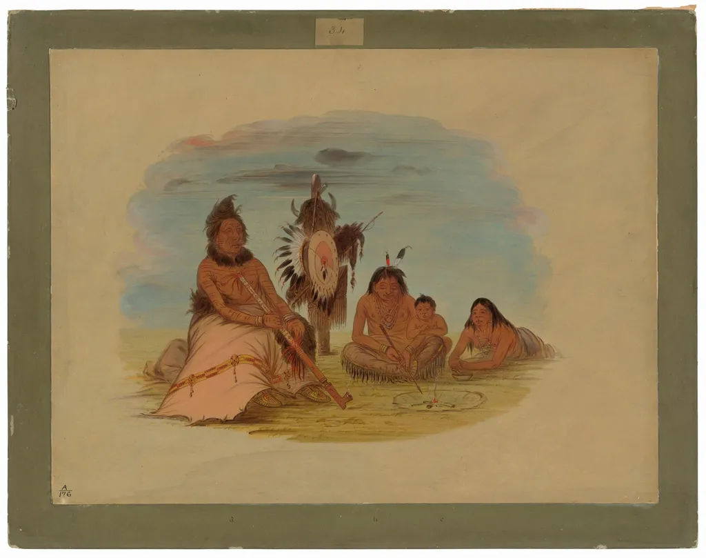 An Aged Minatarree Chief and His Family, by George Catlin, oil, 1865