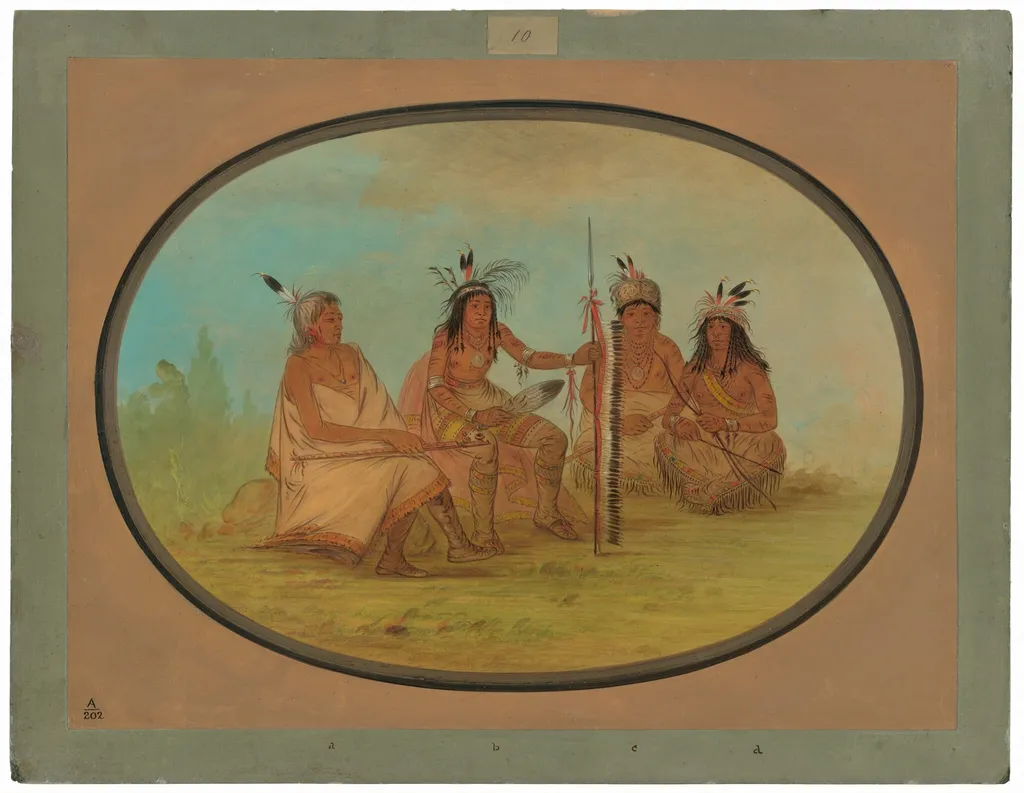 An Aged Ojibbeway Chief and Three Warriors, by George Catlin, oil, 1865