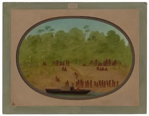 An Omagua Village - Boat Sketch, by George Catlin