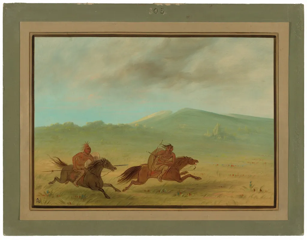 An Osage Indian Pursuing a Camanchee, by George Catlin, oil, 1865