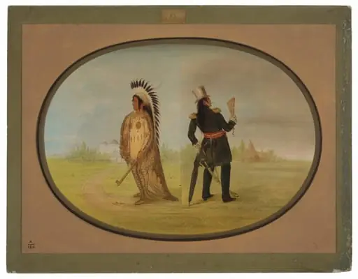 Assinneboine Chief before and after Civilization, by George Catlin, 1865