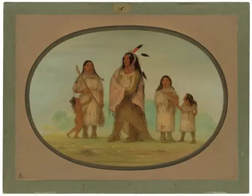 Assinneboine Warrior and His Family, by George Catlin