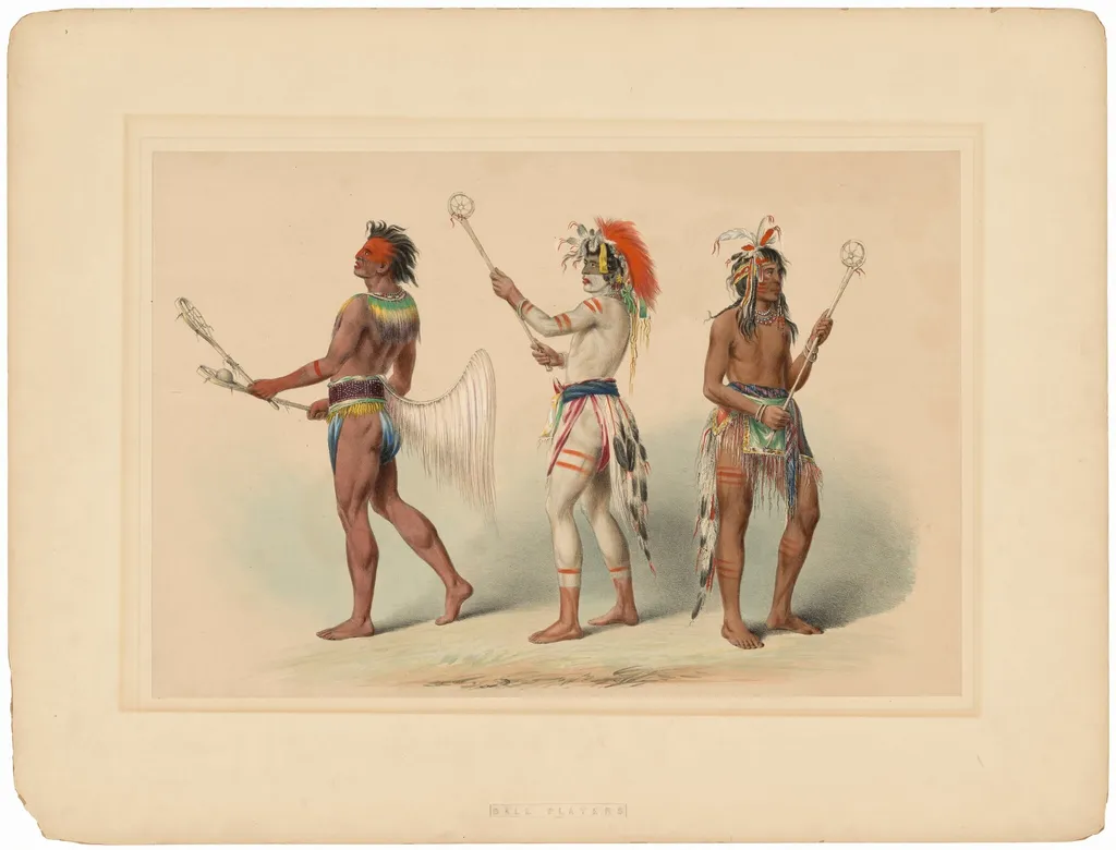 Ball Players, by George Catlin, ink, 1844