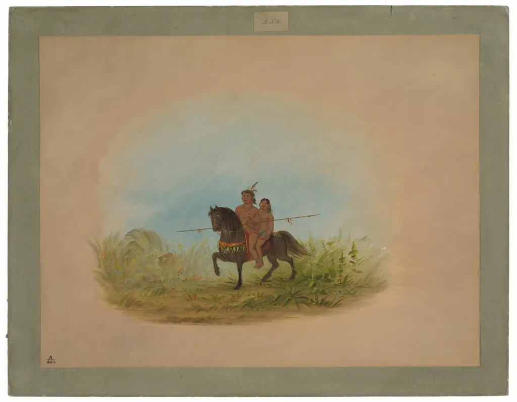 Bride and Groom on Horseback - Connibo, by George Catlin, oil, 1862