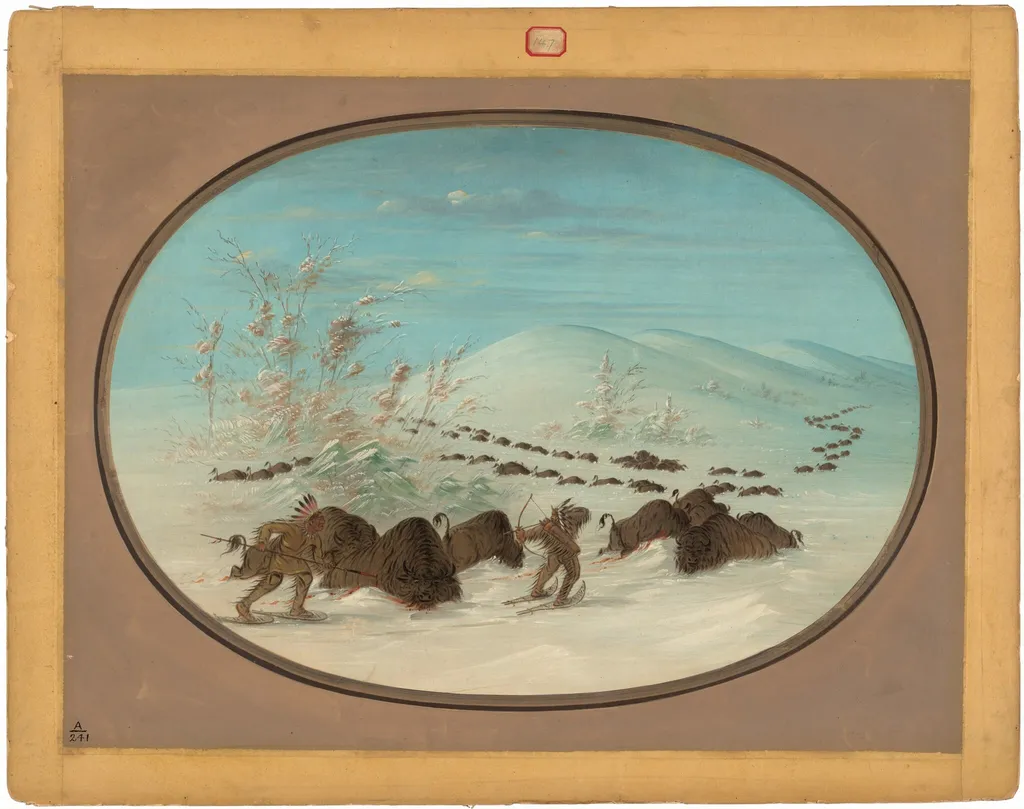 Buffalo Chase in the Snow Drifts - Ojibbeway, by George Catlin, oil, 1865