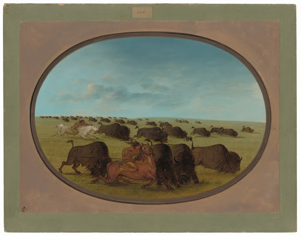 Buffalo Chase, with Accidents, by George Catlin, oil, 1865