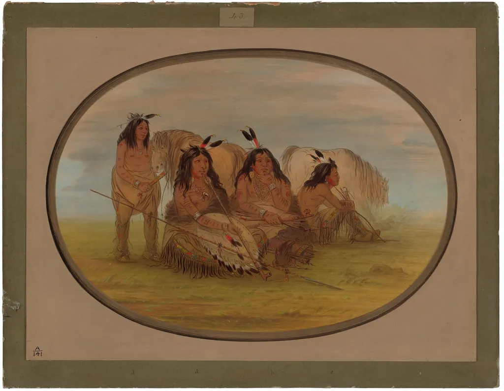 Camanchee Chief with Three Warriors, by George Catlin, oil, 1865